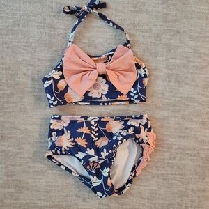Ruffle Butts Floral Kids Swim Set with Bow - Blue and Pink 3T